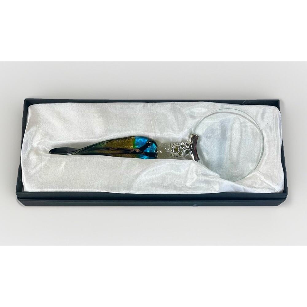Vtg Blown Glass Handled Magnifying Glass Peacock Colors Mystic Magic Tool Boxed